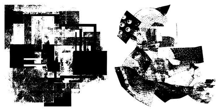 Fragmented graphic with high contrast blocks, halftone grain, abstract forms, digital glitch art, vector cutout design.