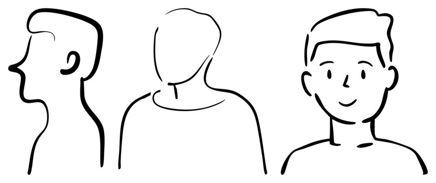 Stylized human head sketches showing side, rear, and front perspectives, minimalist art, character design study, flat vector illustration.