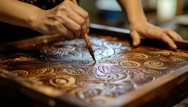 Artisan crafting ornate wooden panel