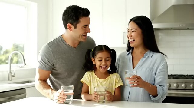 Family enjoying a happy moment together in a modern kitchen with healthy drinks