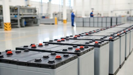 Obraz premium Industrial warehouse with rows of large batteries and workers in the background conducting inspections.