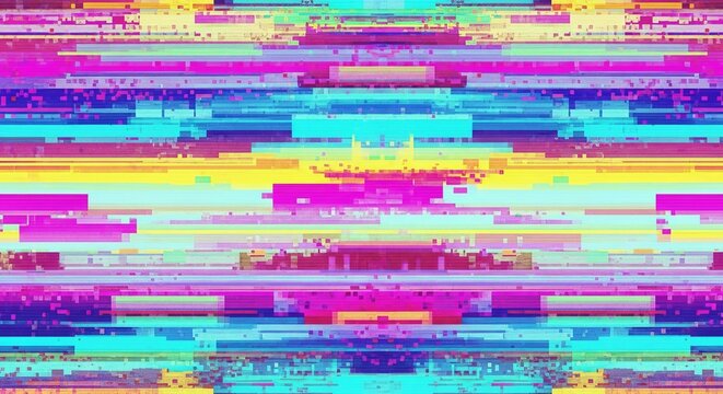 Glitch art colorful pixelated digital background with horizontal lines and rectangles in pink blue yellow