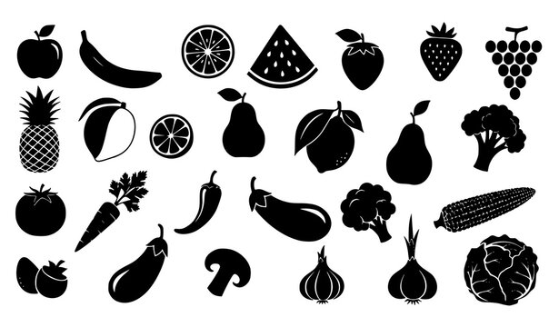 Creative fruit and vegetable silhouette icon collection with fresh food shapes in dynamic vector layout