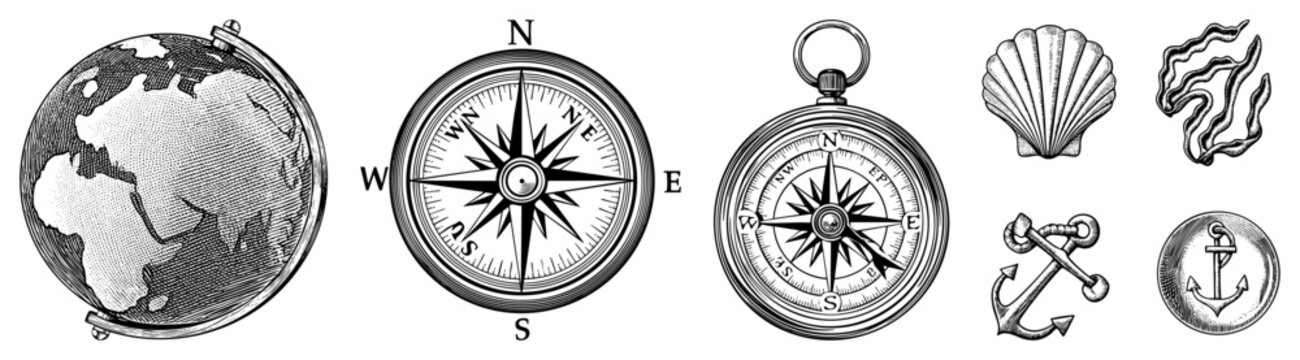 Vintage style compasses, globe, anchor, maritime and cartographic symbols rendered in halftone engraving style. Nautical navigation tools and coastal motifs.