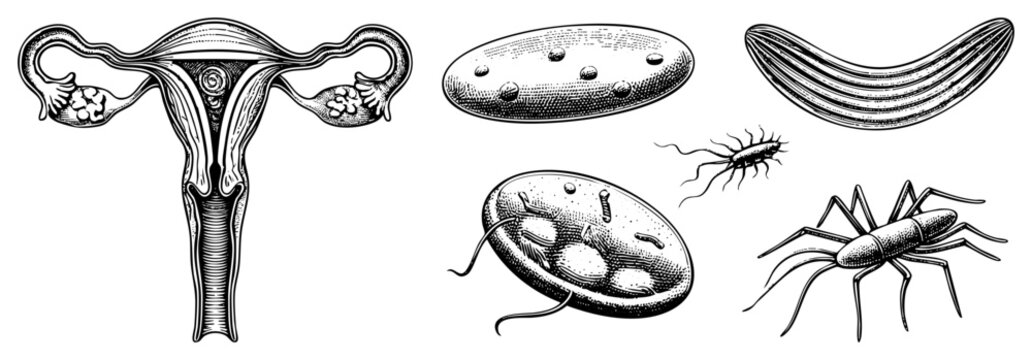 Medical diagram showing human female reproductive organs including ovaries and fallopian tubes, alongside microscopic parasites like amoeba and nematodes, rendered in classic engraving style.