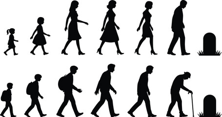 Fototapeta premium Vector silhouettes of male and female figures showing stages of human life from childhood through adulthood to old age and mortality illustration.