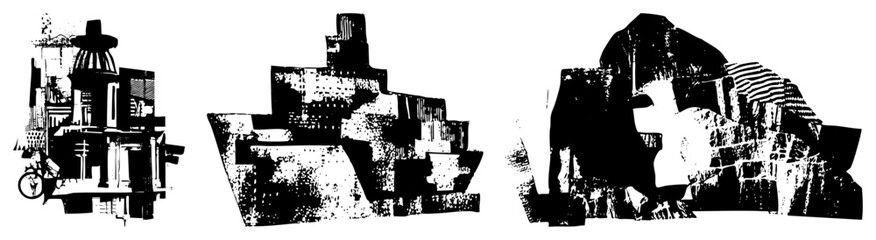 Obraz premium Fragmented urban architecture rendered in bold black shapes with halftone texture, abstract, graphic city blocks, stylized urban forms, vector illustration.