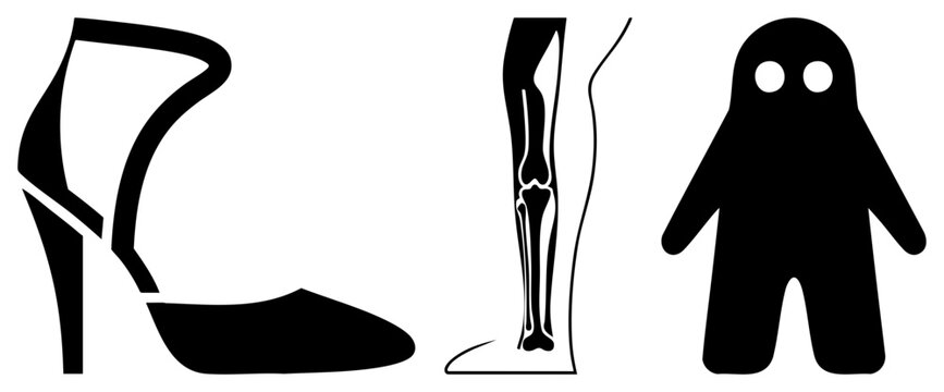 Vector featuring a high heeled shoe, skeletal leg anatomy, and minimalist ghost figure. Flat design, black, symbolic representations. Fashion, health, and supernatural themes.