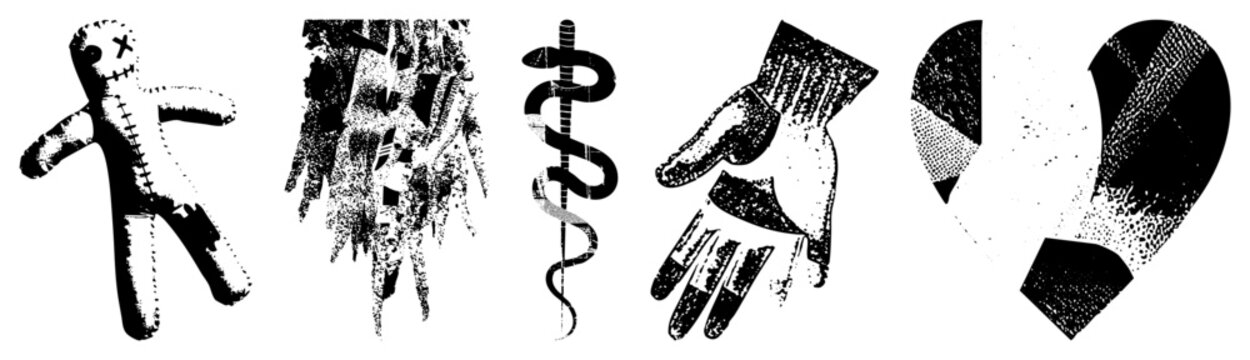 Stylized voodoo doll with, medical caduceus staff, healing hands with bandages, halftone heart graphic all in vector art with grainy texture.