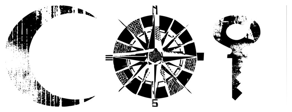 Three symbolic vector moon, compass rose, and antique key rendered in black and white with distressed texture, ideal for mystical or adventure themes.