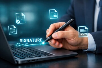 Fototapeta premium Digital Signature: A close-up shot of a professional signing a document digitally on a sleek laptop, set against a backdrop of ethereal digital icons and interface.