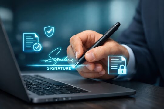 Digital Contract: A close-up shot captures a man's hand elegantly signing a digital contract with a pen, surrounded by glowing symbols of security and verification. The scene evokes a sense of trust.