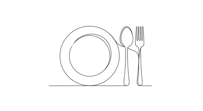 Minimalist Single Line Drawing of Plate, Spoon, and Fork on White Background