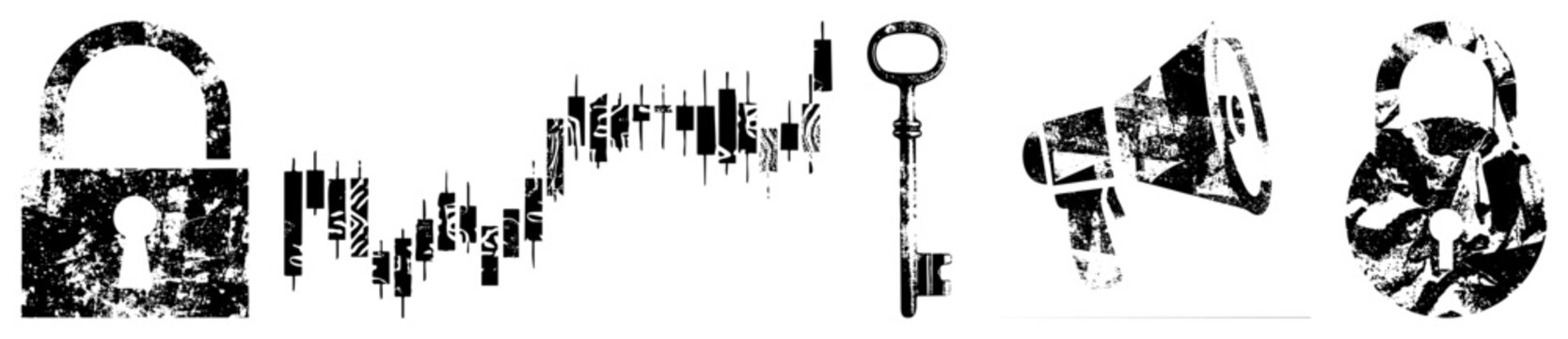 Distressed black and white vector padlock, candlestick chart, key, megaphone, and abstract lock. Urban grit aesthetic for digital interfaces, branding, or data security visuals.