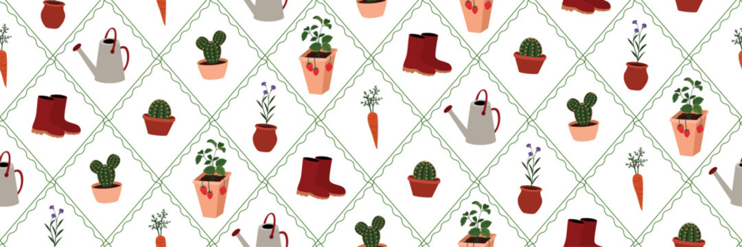 Cute gardening seamless pattern. With gardening tools and plants. Vector illustration for wallpaper and background.