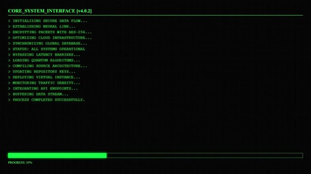 Core System Interface Digital Green Terminal with Processing Data Flow and Success Message Animation for Cyber Technology Background.