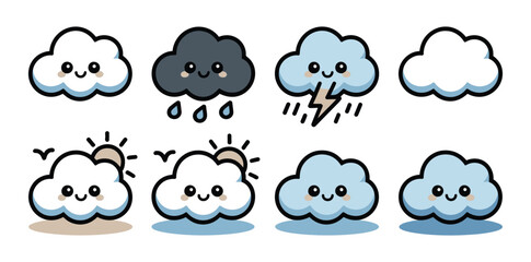 Fototapeta premium Cute cartoon weather icon vector set, cloud types and weather conditions with sun, rain, storm, and snow for kids apps, forecast UI, and playful climate design
