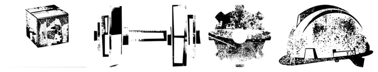 Fototapeta premium Geometric machinery and tools rendered in halftone style, gritty textures, industrial design, vector cutout elements, mechanical components, abstract engineering forms.
