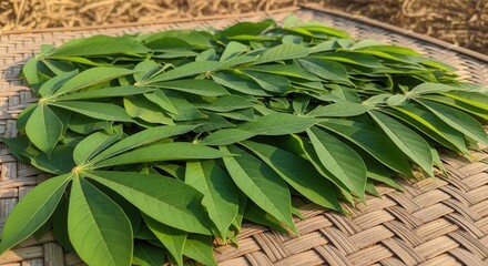 Obraz premium Abundant Fresh Cassava Leaves Artfully Arranged On Woven Mat