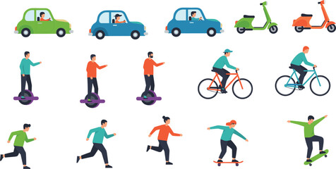 Urban transport icons set with car, scooter, bicycle, skateboard, unicycle and running people, flat vector illustration collection design © Motiur