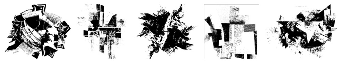 Naklejka premium Fragmented geometric shapes in stark black and white, halftone texture, vector graphic, abstract composition, isolated elements, graphic design motif.
