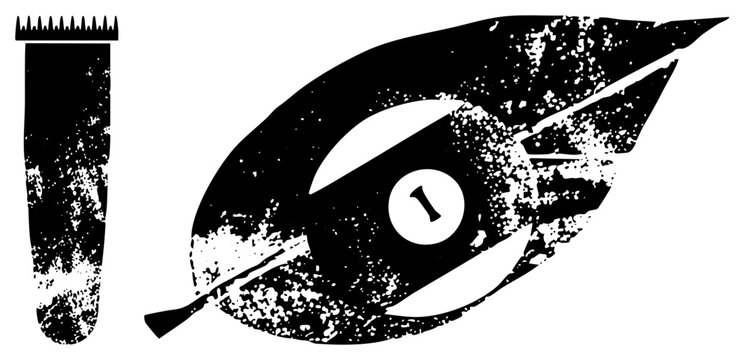 Classic billiards cue stick and black eight ball with white number, worn texture, retro gaming, pool hall symbol, stylized cue and ball.