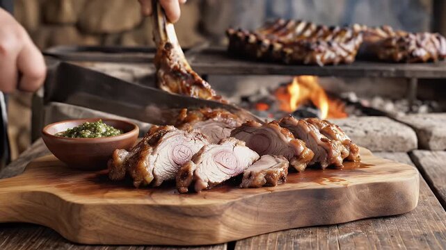 Juicy Argentinian Asado Bone-In Short Ribs Sizzling Over Open Flames Wood Fire BBQ Grill with Traditional Chimichurri Sauce in Rustic Outdoor Setting