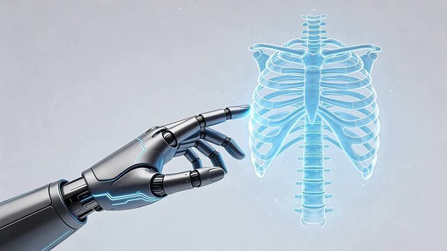 Robotic hand interacting with glowing 3D human ribcage and spine anatomy&mdash;AI-assisted medical diagnostics, futuristic healthcare technology concept