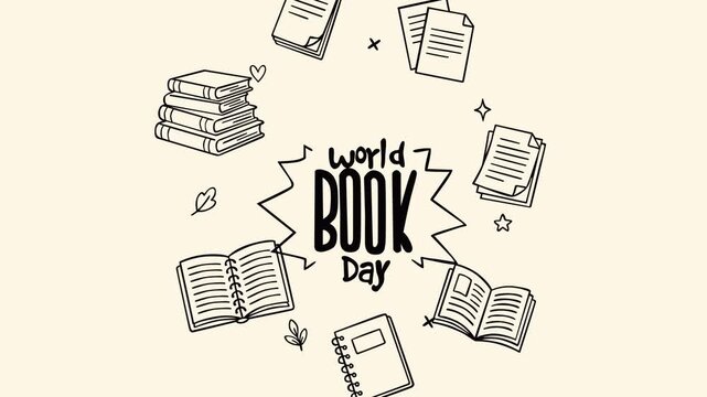 A creative World Book Day scene featuring books, notebooks, and reading elements arranged around bold typography. Perfect to represent education, literacy, and the joy of reading worldwide.
