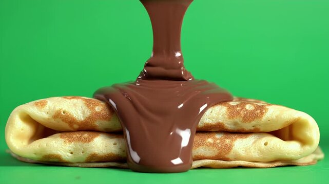 Loop Animation of Rich Chocolate Hazelnut Spread Being Poured Onto Golden Crepes on a Vibrant Green Background Isolated Ready for Compositing