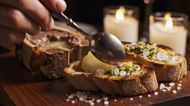 Luxurious Whole Roasted Bone Marrow Split Femur Appetizer Served With Toasted Crostini And Garnished With Herbs And Sea Salt In Candlelit Fine Dining Ambiance