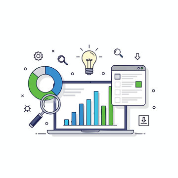 Laptop displays bar graph & pie chart, with lightbulb, magnifying glass, and download icons