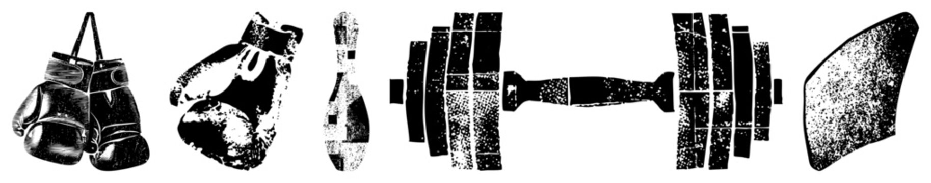 Classic boxing gloves, bowling pin, barbell, and weight plate rendered in halftone style, gym equipment, sports vector graphics, fitness symbols, athletic.