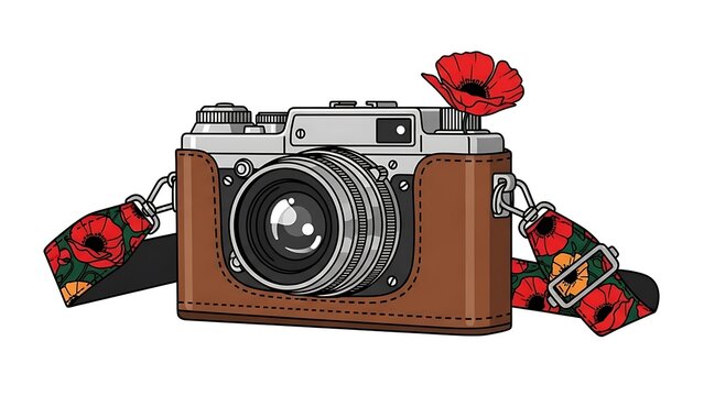 Vintage Camera with Red Strap and Lens Cap.