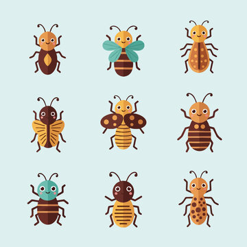 Cute cartoon insects arranged in a 3x3 grid against a light blue background