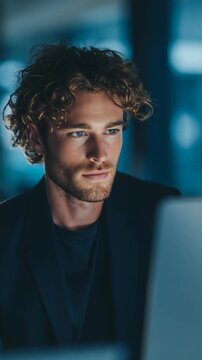 Focused young man with curly hair working late at night on a laptop in a modern office environment. Professional atmosphere with blue ambient lighting and concentrated expression