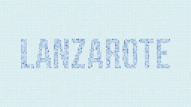 Lanzarote dotted map animation. Digital style shape of the island. Lanzarote shape and title blue dots appear with flickering effect. Spain. Modern Intro, outro, title, logo video.