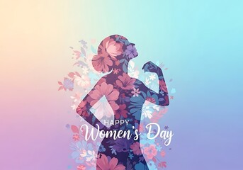 Fototapeta premium Vibrant illustration of a woman celebrating womens day with colorful flowers and gradient background