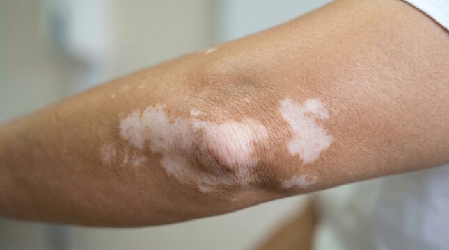 Vitiligo Skin Condition on a Human Elbow Showing Depigmented White Patches Against Light Brown Skin