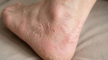 Fototapeta premium Foot with Dry Peeling Skin and Redness Due to a Dermatological Condition Requiring Medical Attention