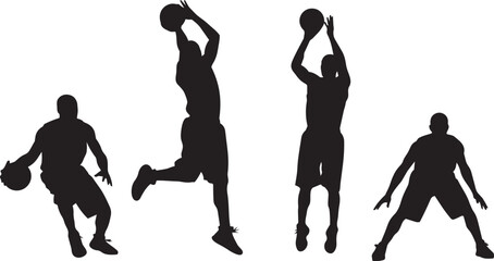 Black silhouette basketball vector art with dribbling, dunking, shooting and defense players, bold sport design © Pemarathna