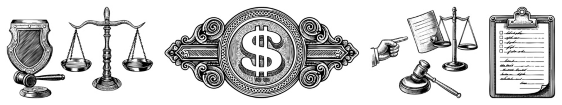 Courtroom featuring gavel, justice scales, legal document, and ornate dollar sign badge, representing law, finance, and judicial.