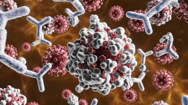 Medical illustration of antibodies attacking a virus