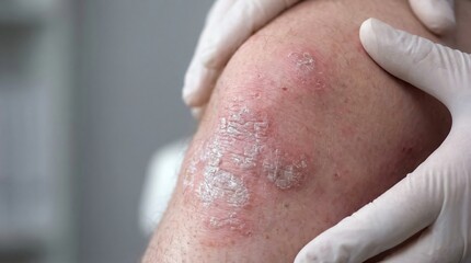 Fototapeta premium Psoriasis Skin Condition on Human Knee Examined by Doctor Wearing White Glove