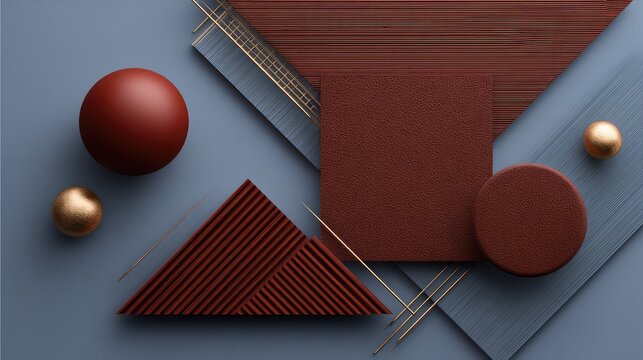 Sophisticated arrangement of geometric shapes and rich textures in a balanced composition