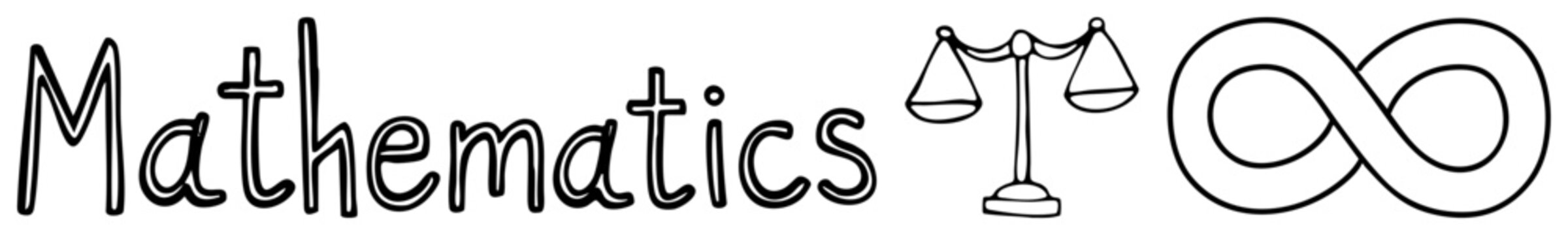 Mathematical concept logo featuring handwritten text, justice scale, and infinity loop, educational or academic design, minimalist vector art.