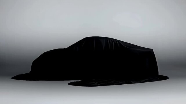 白背景の中で覆い布に包まれた高級車のシルエットを見せる動画素材