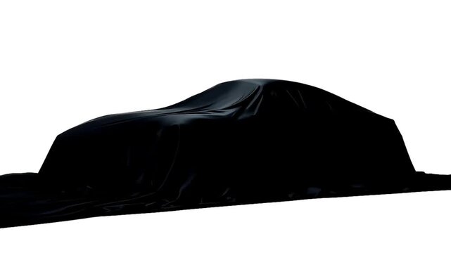 白背景で覆い布に包まれたスポーツカーのシルエットが映える高級車お披露目向け動画素材