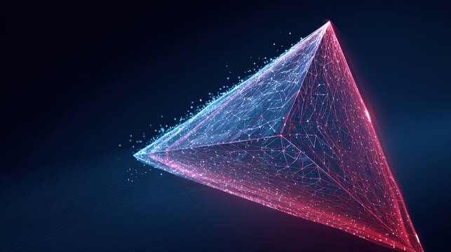 A striking illustration showcases a futuristic pyramid rendered with intricate lines and digital particles. ..Created with Generative AI, not depicting real subjects.