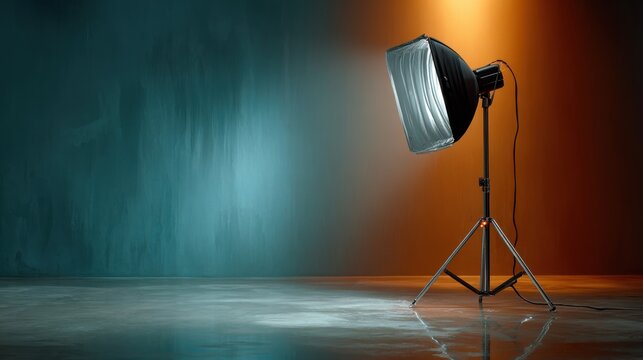 Studio light with softbox on tripod stand casting light on reflective floor with blue and orange gradient background